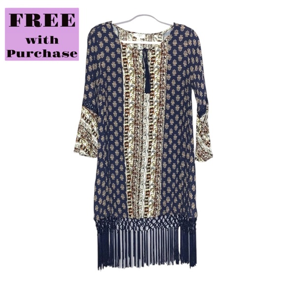 Umgee USA Long Sleeve Fringe Boho Dress - Picture 1 of 15